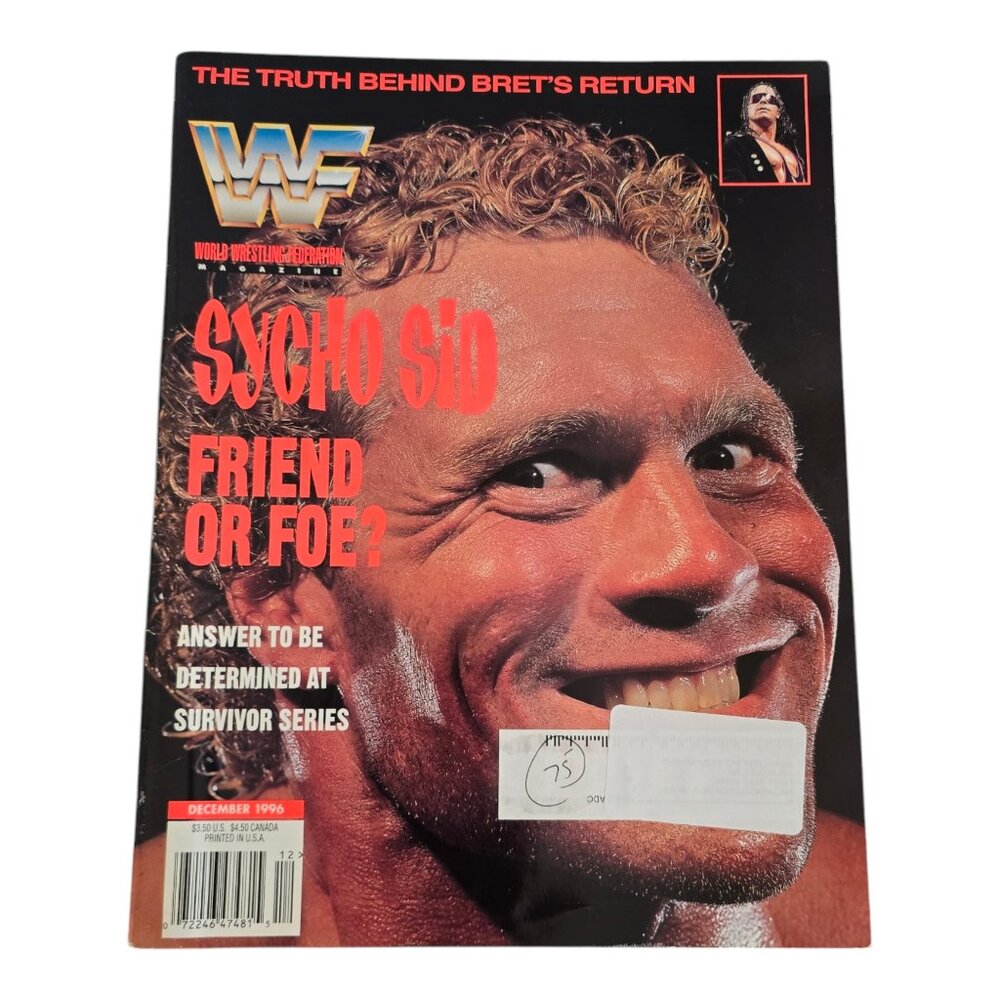 WWF Magazine Sycho Sid December 1996 w/ Bret "Hit Man" Hart Trading Card Page